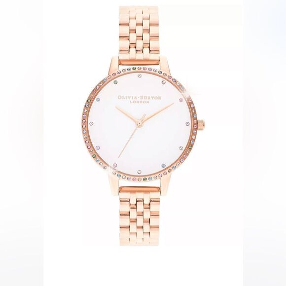 NWT OLIVIA BURTON Rainbow Rose Gold-Tone Stainless Steel Bracelet Watch 34mm - Picture 1 of 11